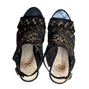 Vince Camuto Korthina heels, size 6M, black with gold accents, leather